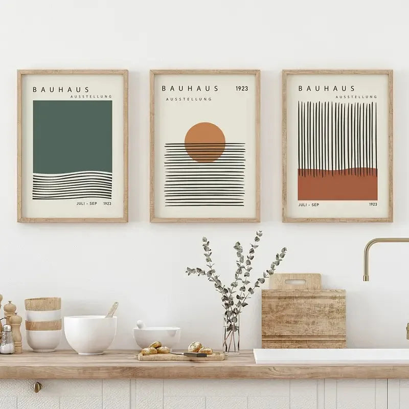 Kit 3 Quadros Geométrico Bauhaus Laranja e Bege — Arte Boho para Sala