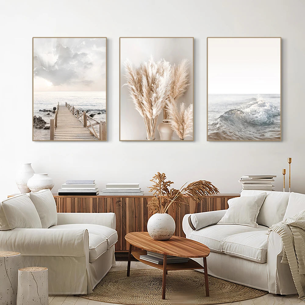 Kit 3 Quadros Paisagem Praia Branca — Arte Nórdica para Sala e Quarto