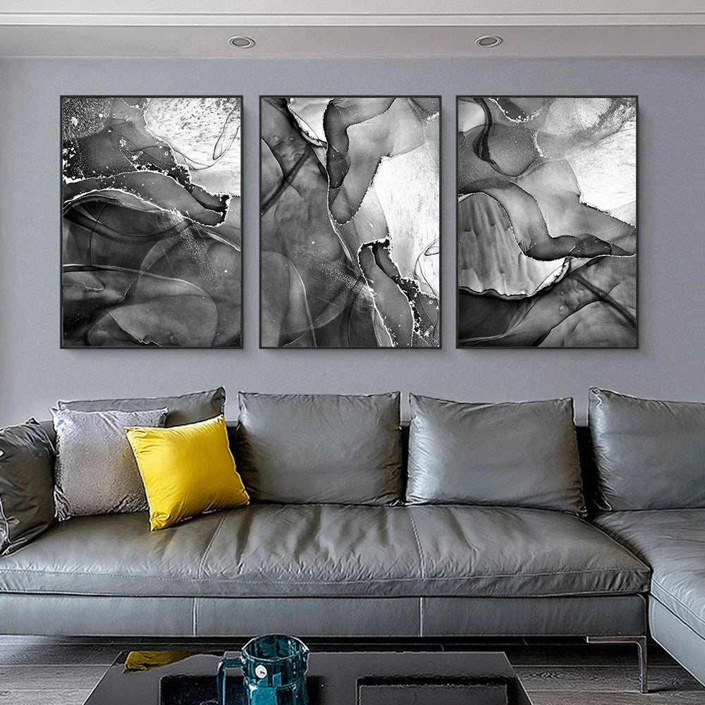 Quadro Canvas Mármore Abstrato Preto e Branco — Poster Nórdico para Sala e Quarto