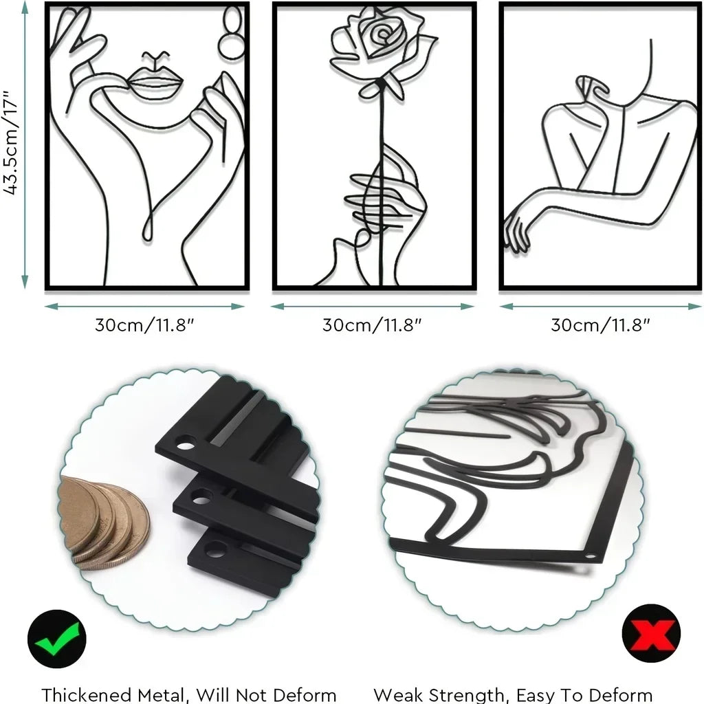 Escultura de Parede Linha Feminina em Metal — Arte Abstrata Minimalista para Decoração