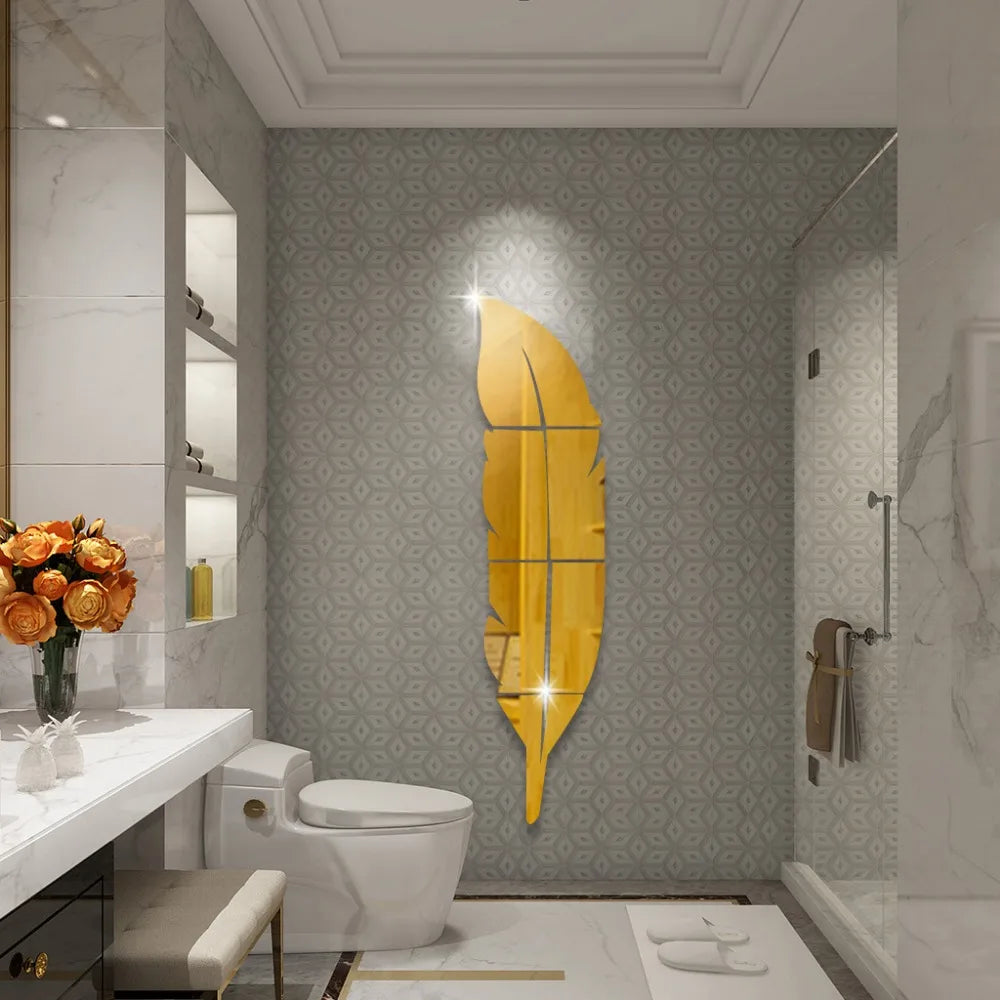 Adesivo de Parede 3D Penas Dançantes com Espelho — Decoração Elegante para Sala e Quarto