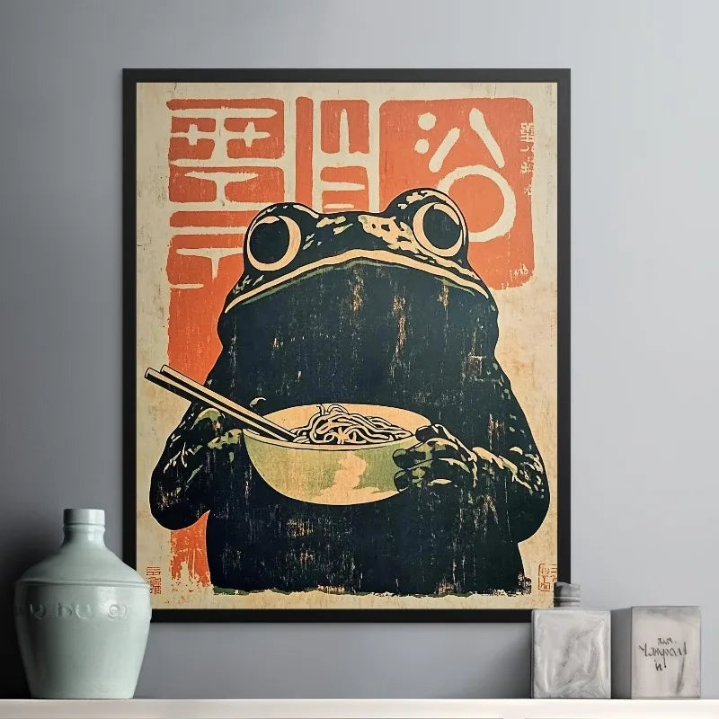 Quadro Canvas Arte Japonesa Retrô — Sapo Comendo Ramen Decoração Sem Moldura