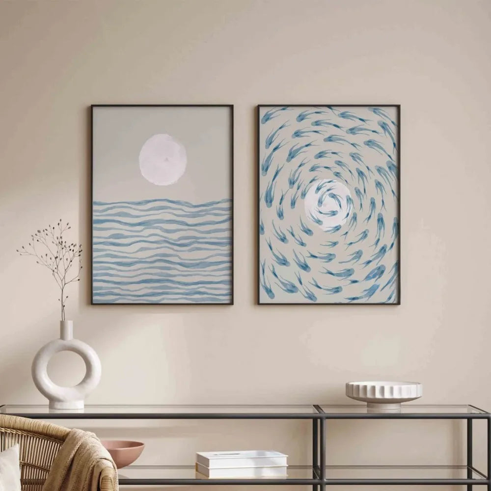 Kit 2 Quadros Oceano Azul Ondas — Arte Boho Vintage Sem Moldura para Sala e Quarto