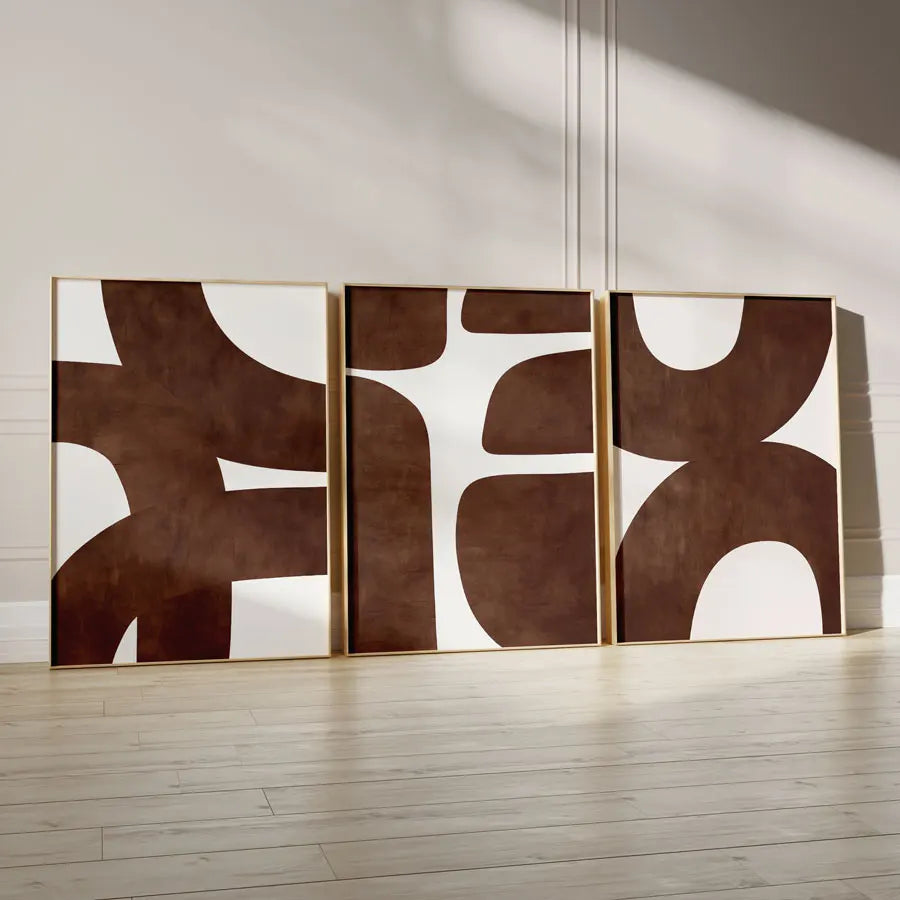 Kit 3 Quadros Canvas Geométrico Abstrato Marrom — Boho Nórdico Sem Moldura