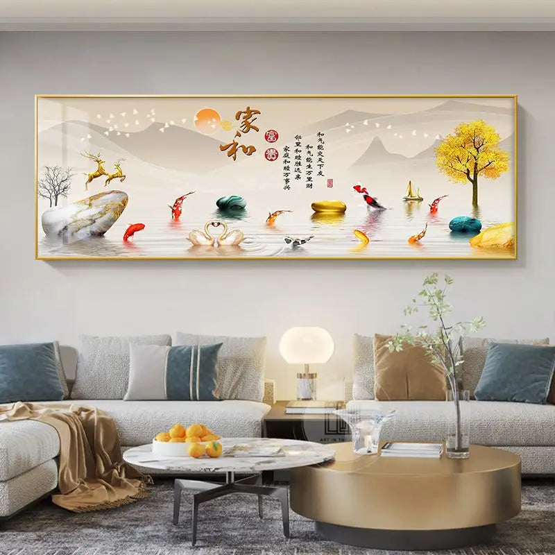 Quadro Decorativo Cervo Dourado Estilo Chinês — Arte Feng Shui para Sala sem Moldura