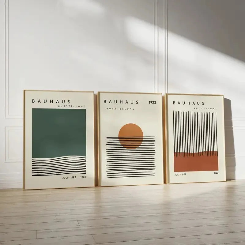 Kit 3 Quadros Geométrico Bauhaus Laranja e Bege — Arte Boho para Sala