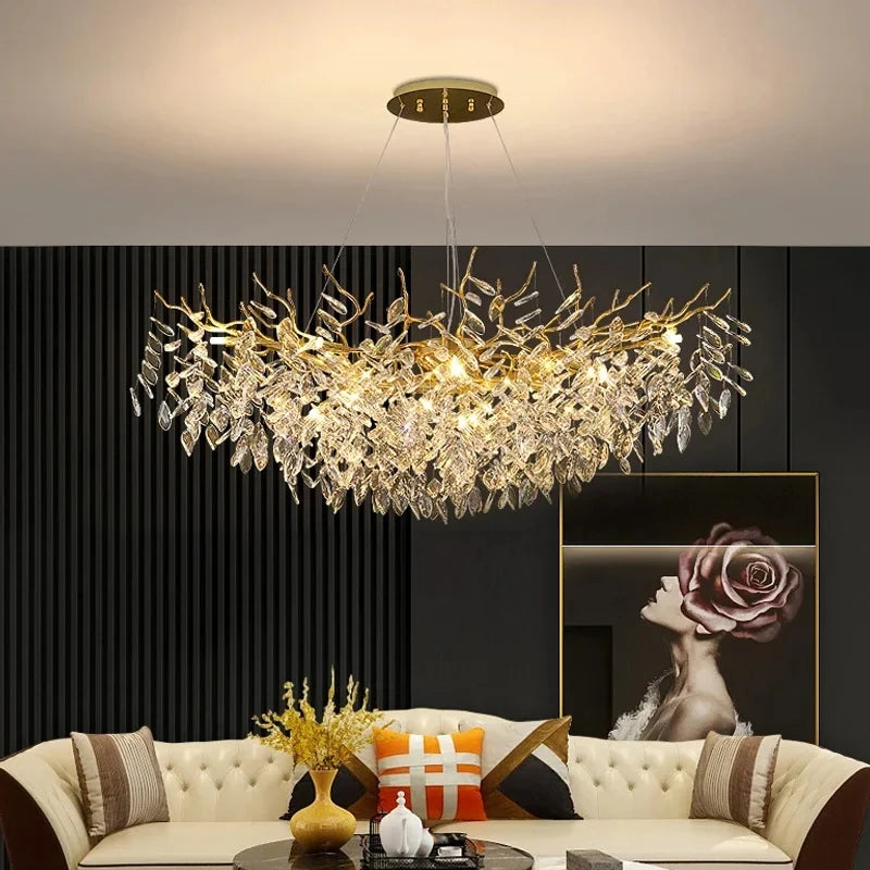 Lustre de Cristal Dourado LED — Pendente de Luxo para Sala