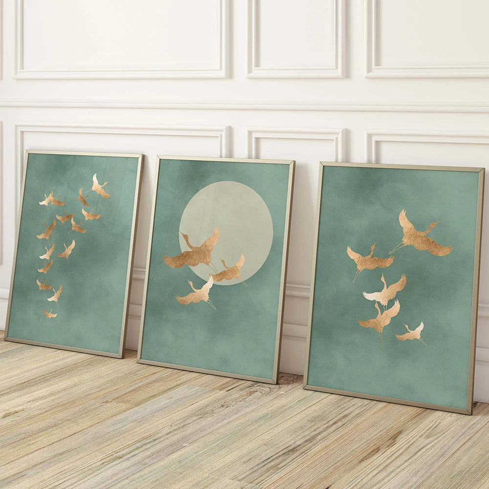 Kit 3 Quadros Garças Japandi Verde Sage — Arte Japonesa Minimalista para Sala e Quarto