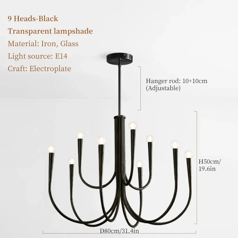 Lustre de Vela Pendente Preto Estilo Francês — Luminária de Luxo para Sala de Estar