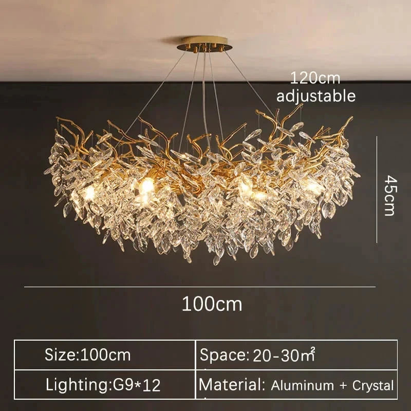 Lustre de Cristal Dourado LED — Pendente de Luxo para Sala