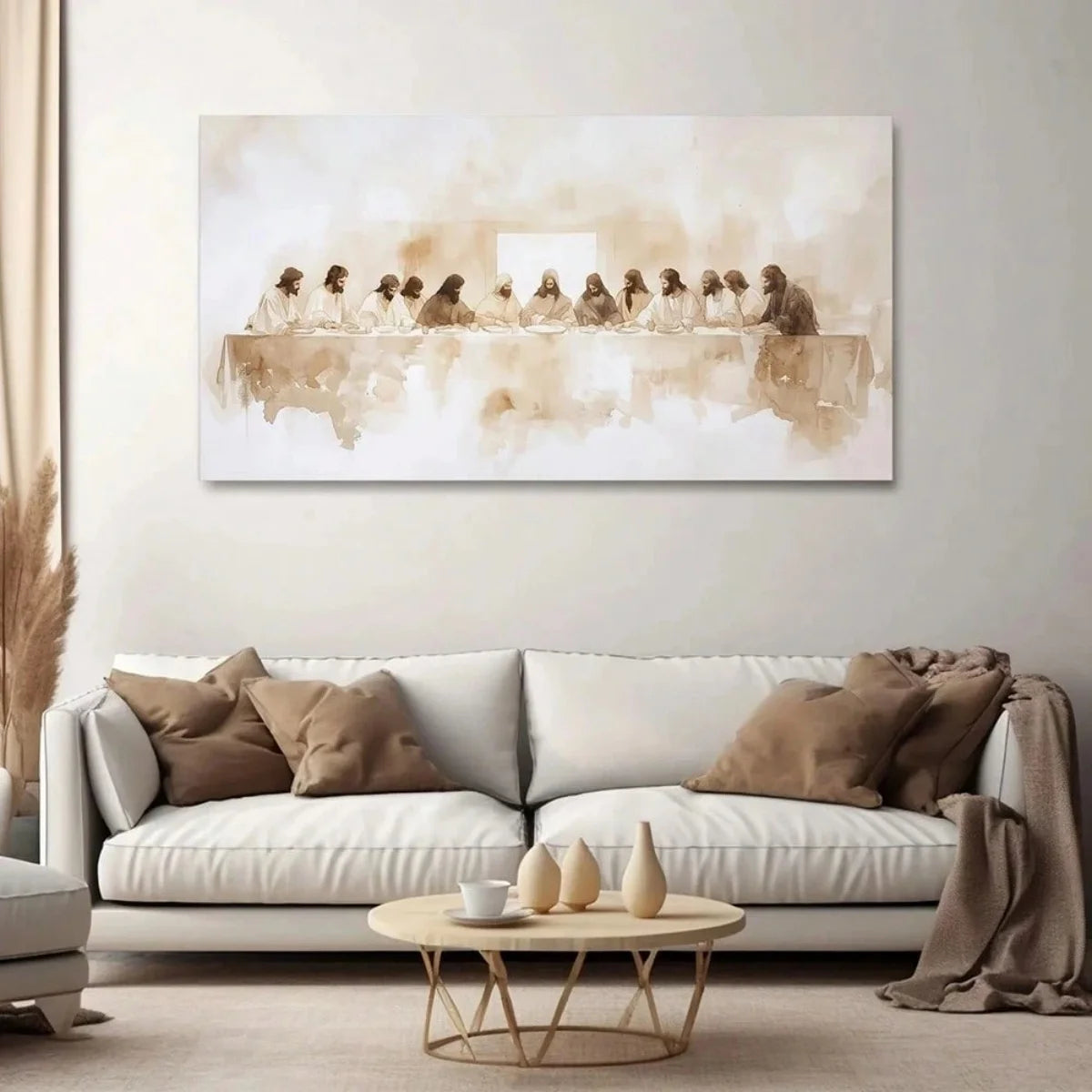 Quadro Canvas Arte Cristã Jesus e Fé — Poster Bege Minimalista Horizontal para Casa