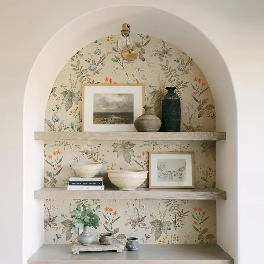 Papel de Parede Floral Vintage Amarelo Claro Autocolante — Charme para Armários e Cozinha