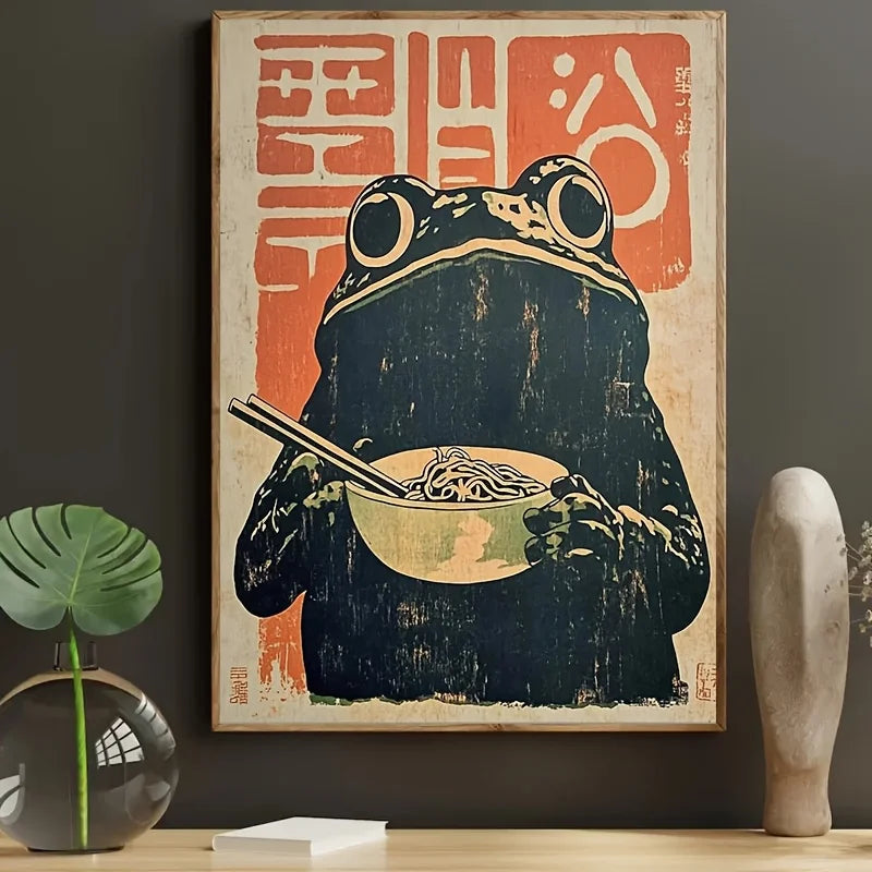 Quadro Canvas Arte Japonesa Retrô — Sapo Comendo Ramen Decoração Sem Moldura