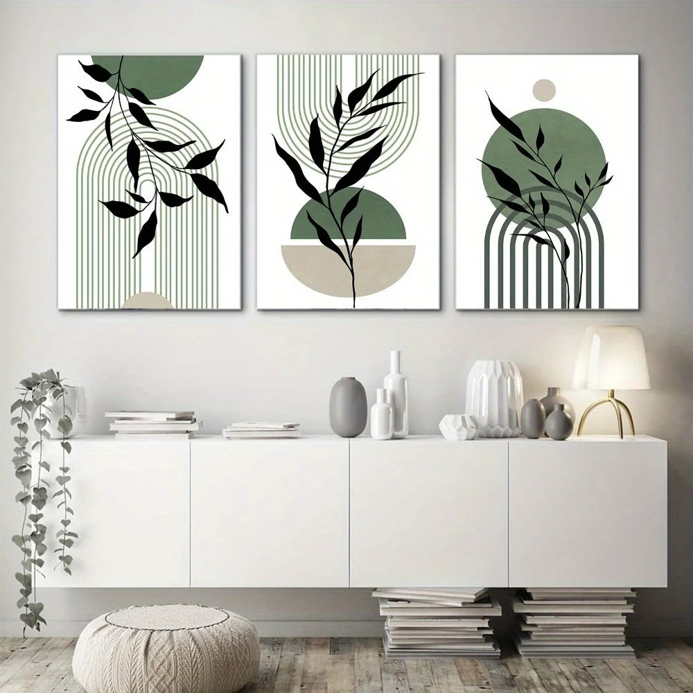 Kit 3 Quadros Boho Verde Sage — Arte Botânica Abstrata para Sala e Quarto