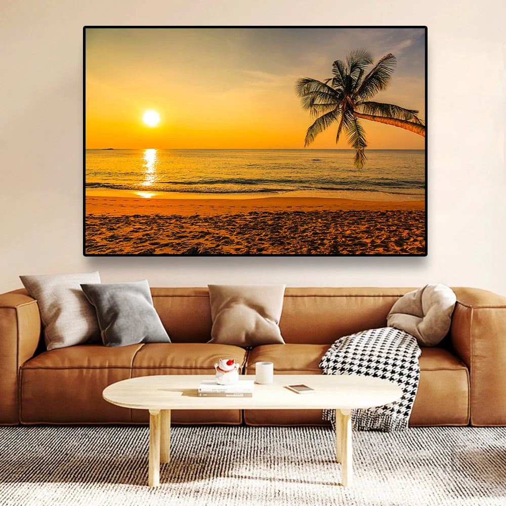 Quadro Decorativo Praia Pôr do Sol Dourado — Arte de Paisagem Tropical para Sala