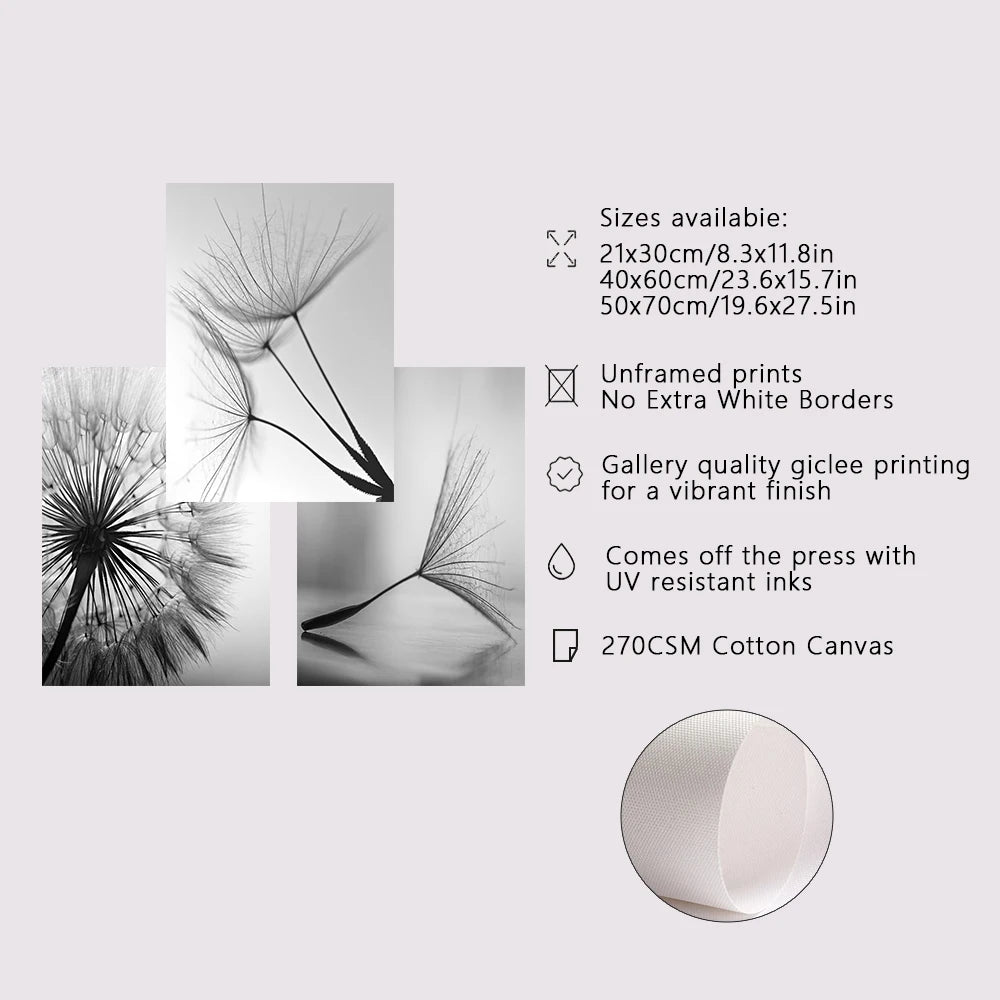 Kit Quadros Dente-de-Leão Preto e Branco — Arte Decorativa para Cozinha e Sala