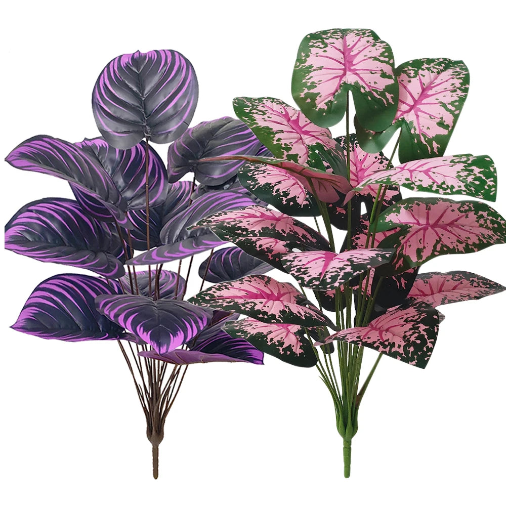 Plantas Artificiais Caladium Roxo e Rosa — Kit 2 Bonsai para Quarto e Escritório