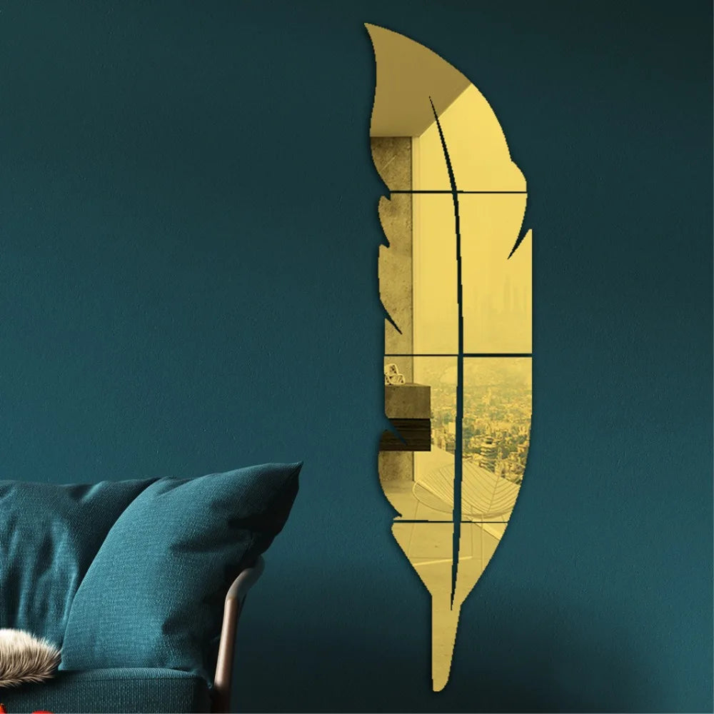 Adesivo de Parede 3D Penas Dançantes com Espelho — Decoração Elegante para Sala e Quarto