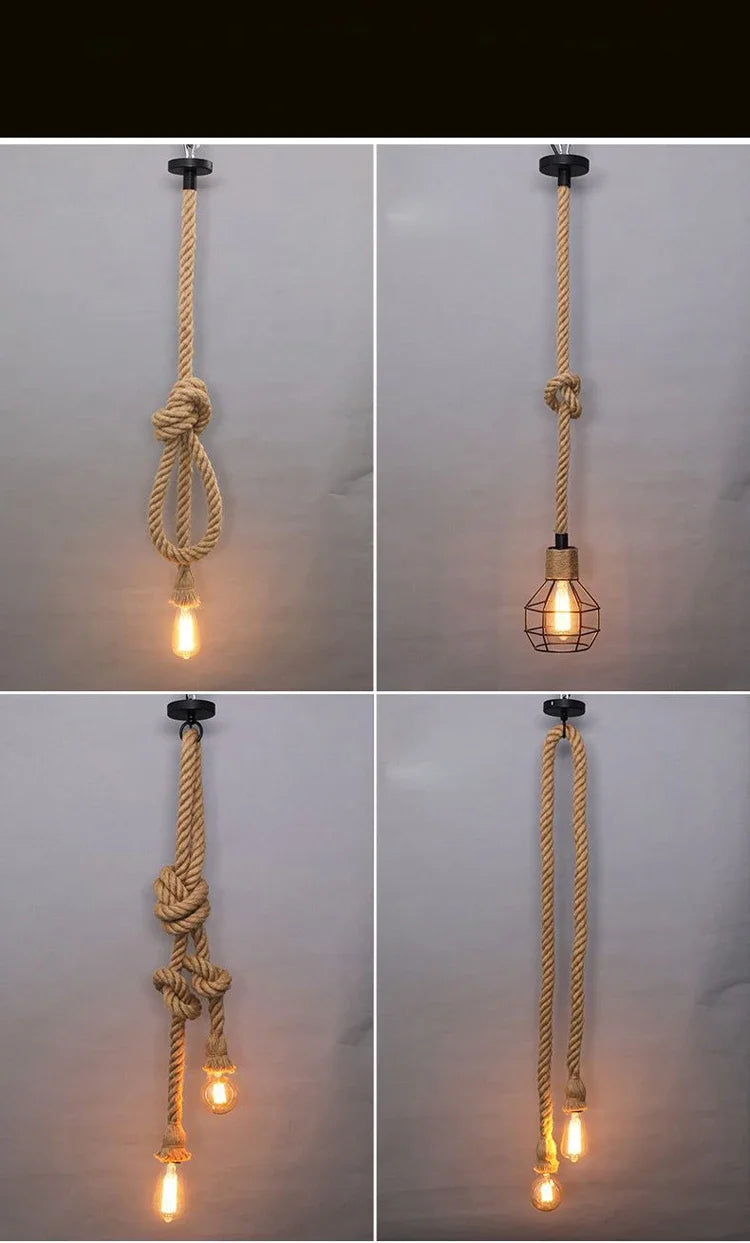 Pendente de Corda de Sisal Vintage Estilo Americano — Lustre Industrial Trançado para Bar e Sala