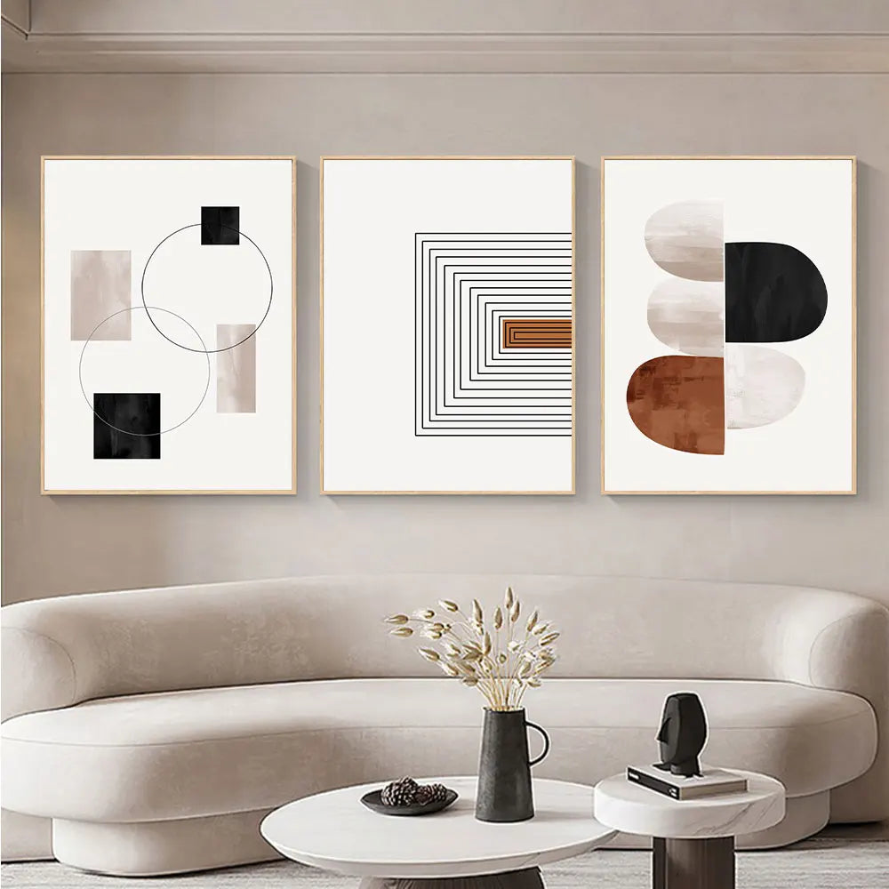 Kit 3 Quadros Canvas Arte Geométrica Abstrata — Linhas Preto e Branco Nórdico