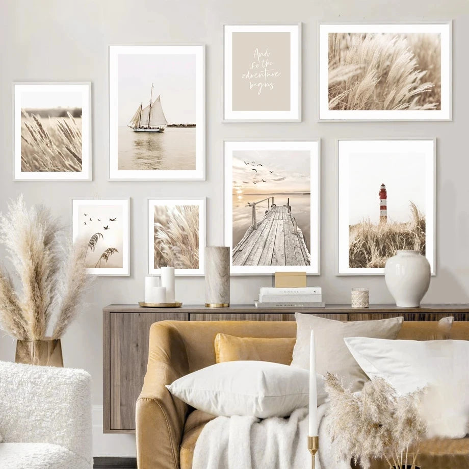 Quadro Decorativo Praia Boho Bege — Arte de Paisagem Nórdica para Sala