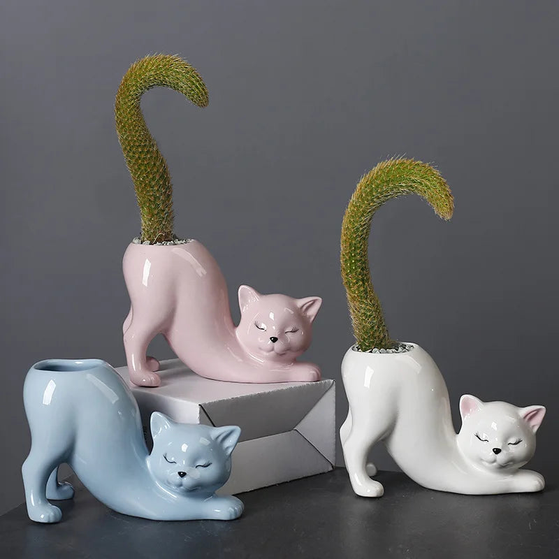 Vaso Cerâmica Gato Cartoon Fofo — Porta-Suculentas e Flores para Decoração