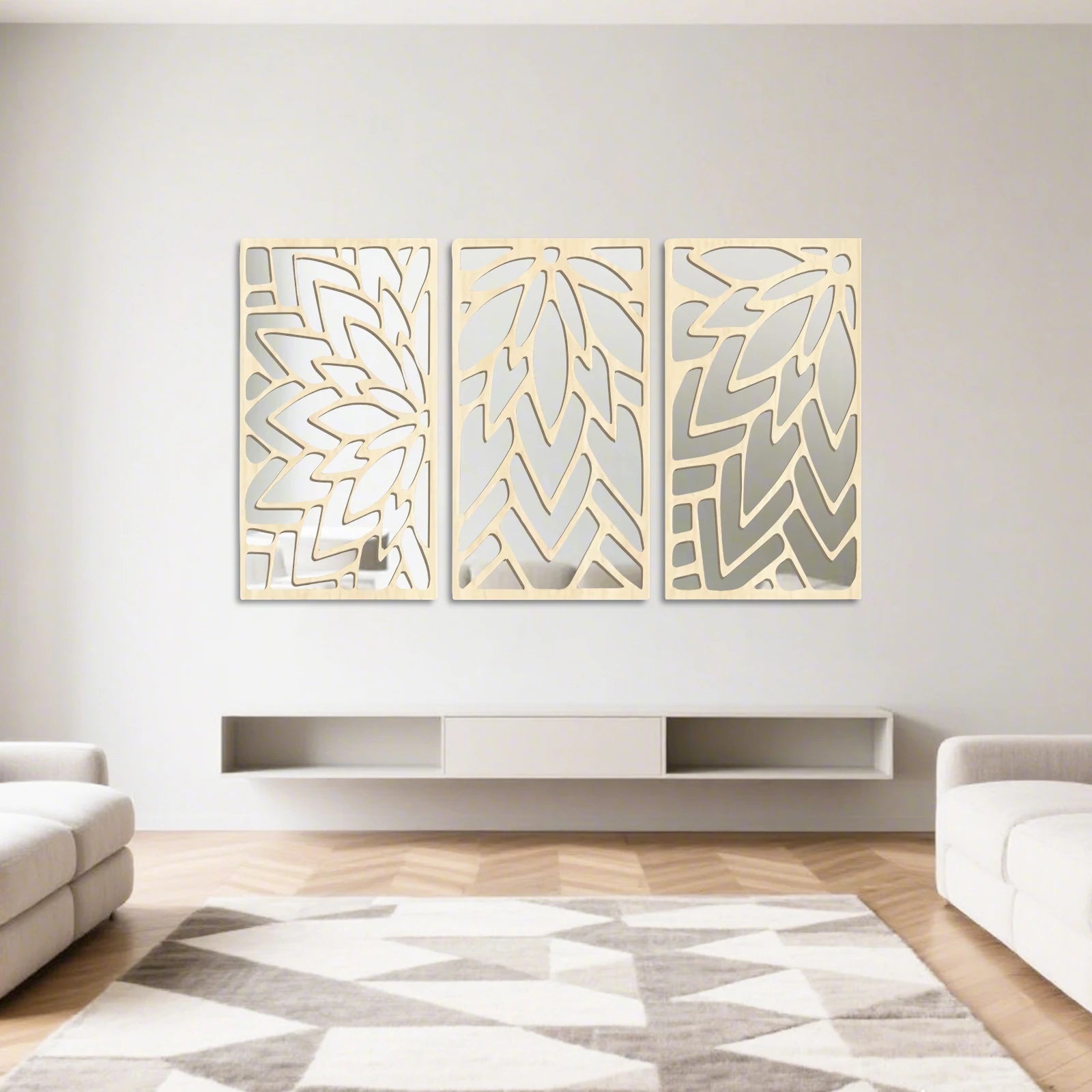 Espelho de Parede Dupla Camada Folha de Madeira 3 Peças — Decorativo 40cm para Sala