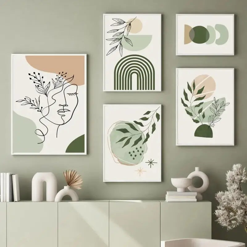 Quadro Decorativo Plantas Verde Sage Boho — Arte Geométrica Nórdica para Sala