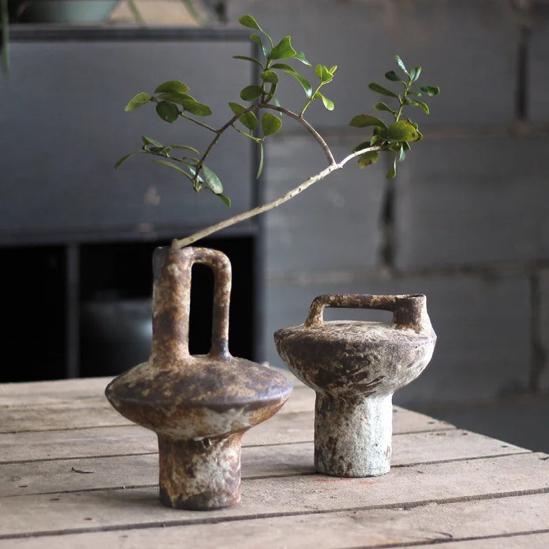 Vaso Cerâmica Barro Rústico Artesanal Retrô — Flores Secas Estilo Vintage para Casa