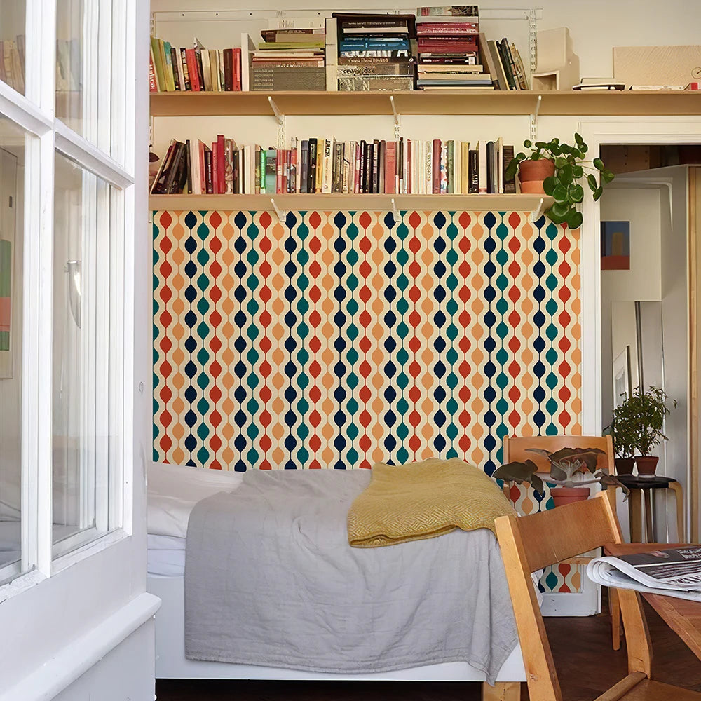 Papel de Parede PVC Ondas Coloridas Retrô Boho Autocolante — Para Cozinha e Banheiro