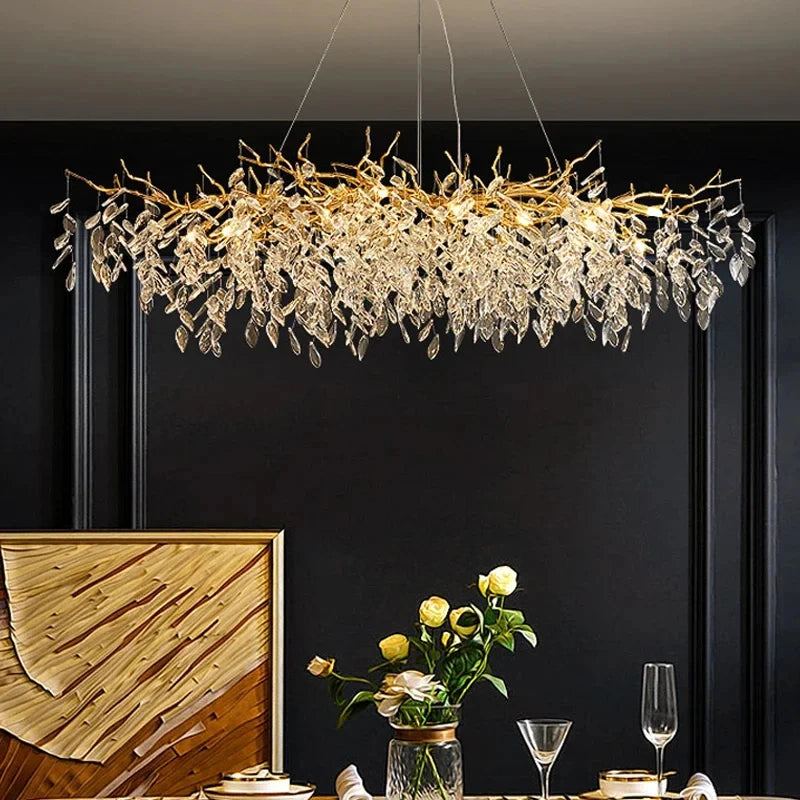 Lustre de Cristal Dourado LED — Pendente de Luxo para Sala