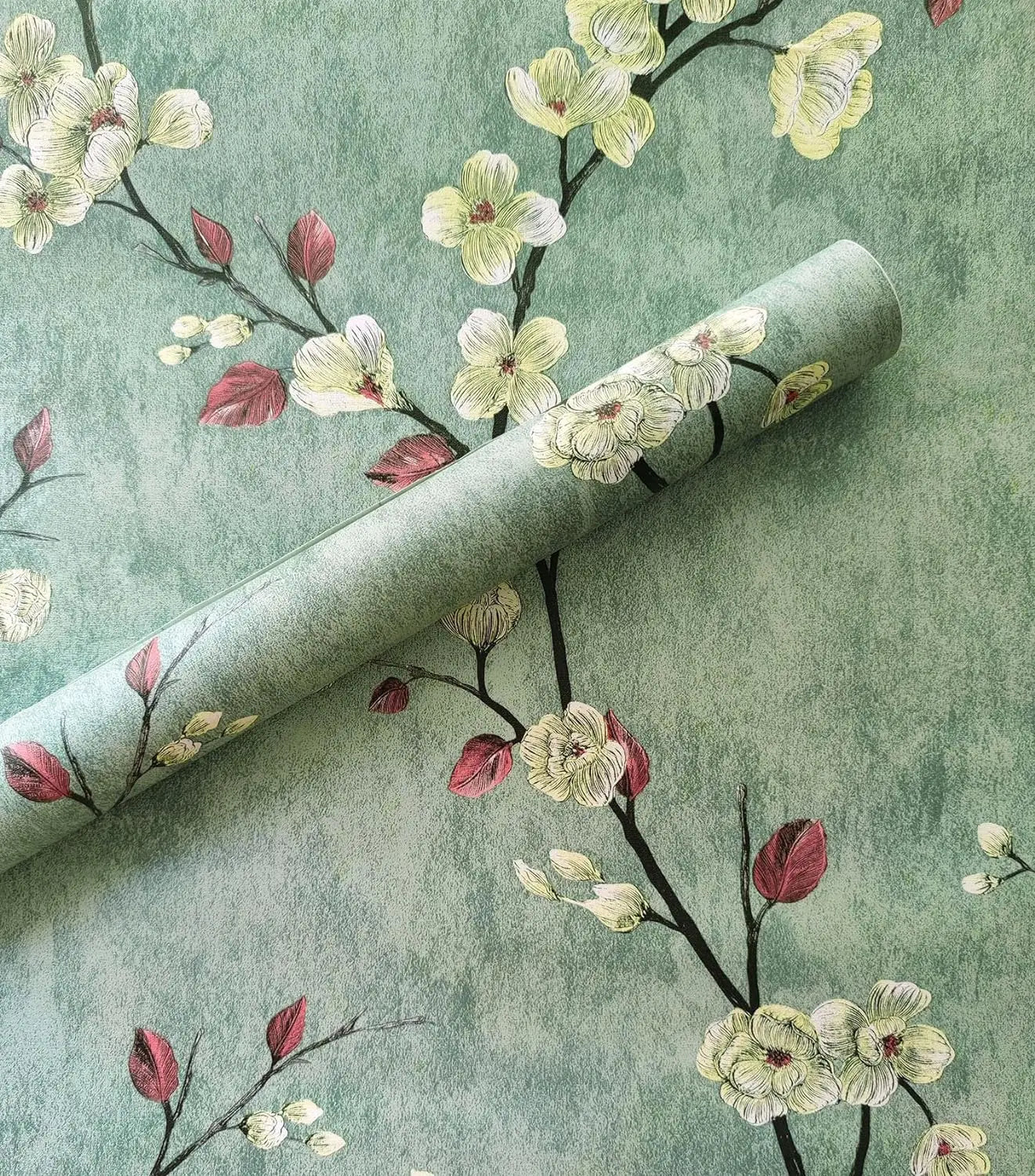 Papel de Parede Floral Verde Autocolante Removível — Impermeável para Quarto e Sala