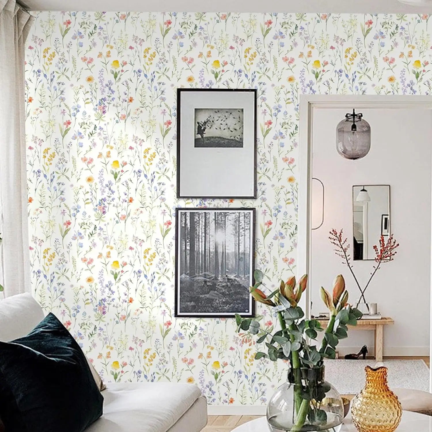 Papel de Parede Boho Floral com Folhas Removível Autocolante — Para Banheiro e Quarto