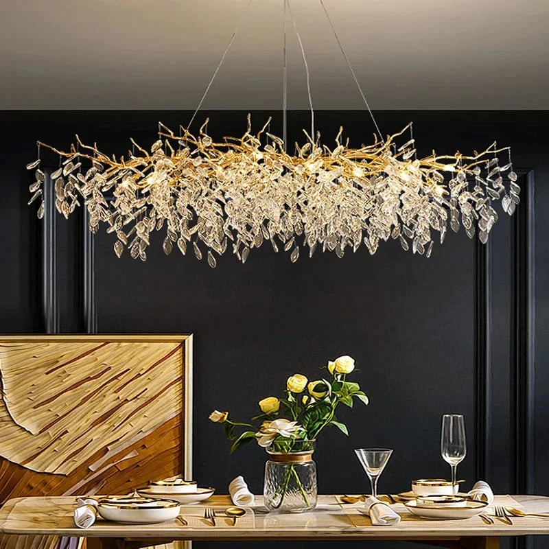 Lustre de Cristal Dourado LED — Pendente de Luxo para Sala