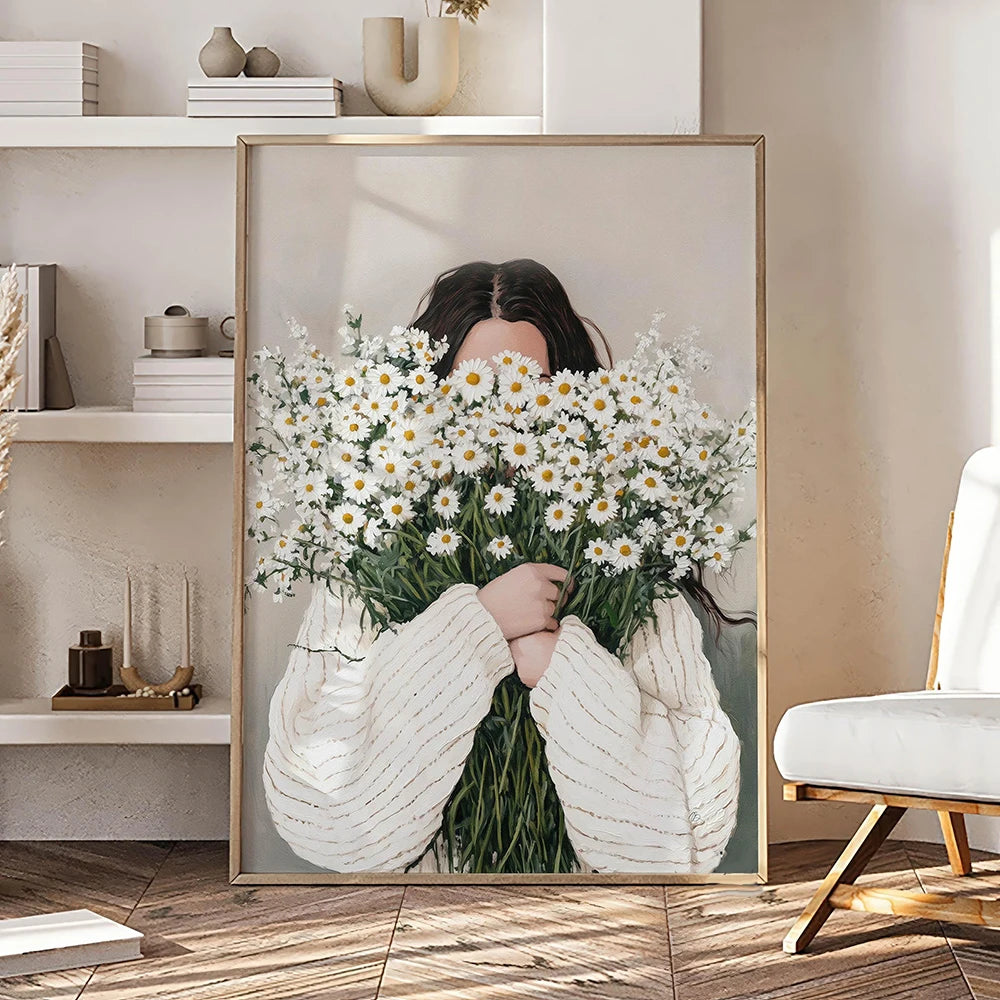 Quadro Decorativo Mulher Abstrata com Flores — Arte Minimalista Japandi para Sala