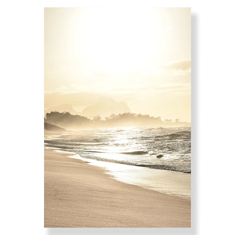 Quadro Decorativo Praia Dourada — Arte de Paisagem Nórdica Moderna para Sala