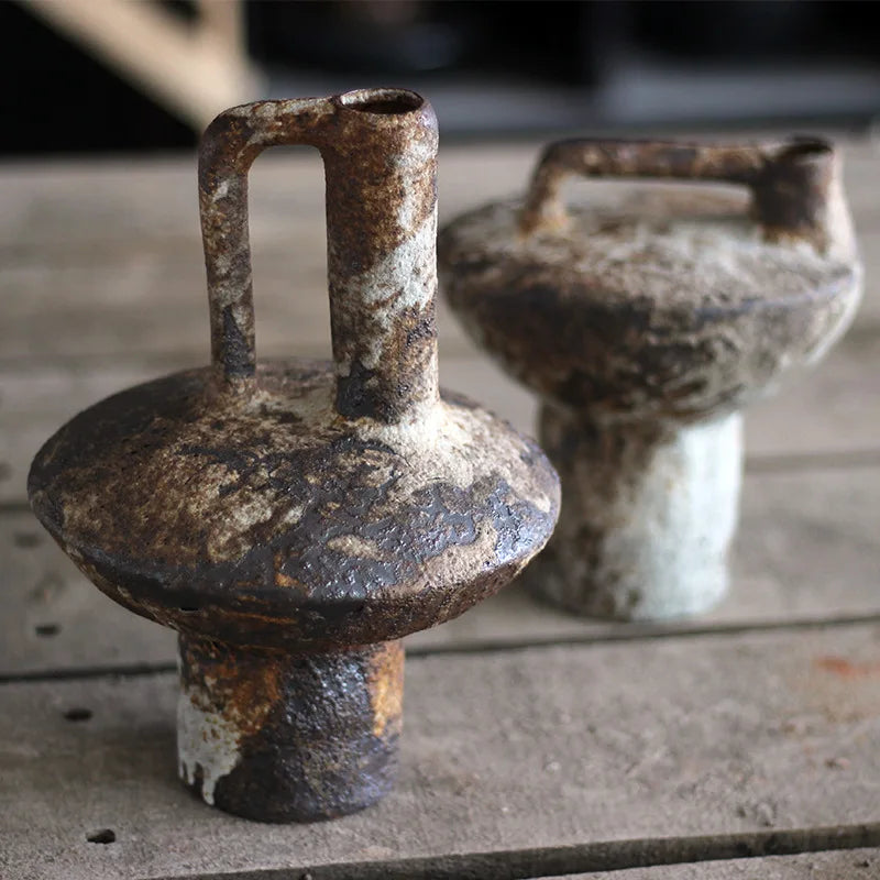 Vaso Cerâmica Barro Rústico Artesanal Retrô — Flores Secas Estilo Vintage para Casa