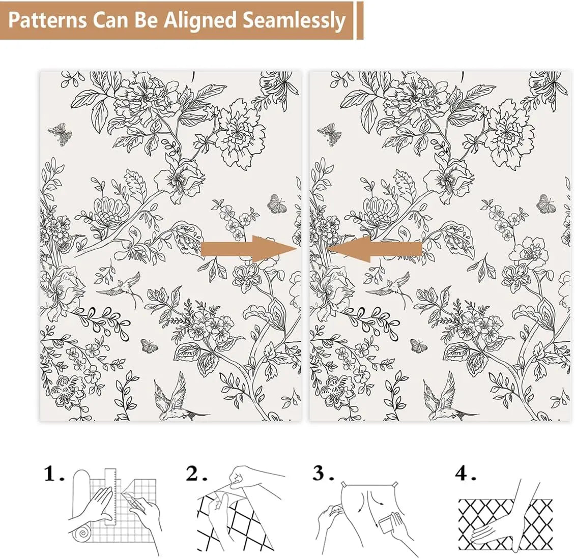 Papel de Parede Floral Preto e Branco com Pássaros — Autocolante Removível Elegante