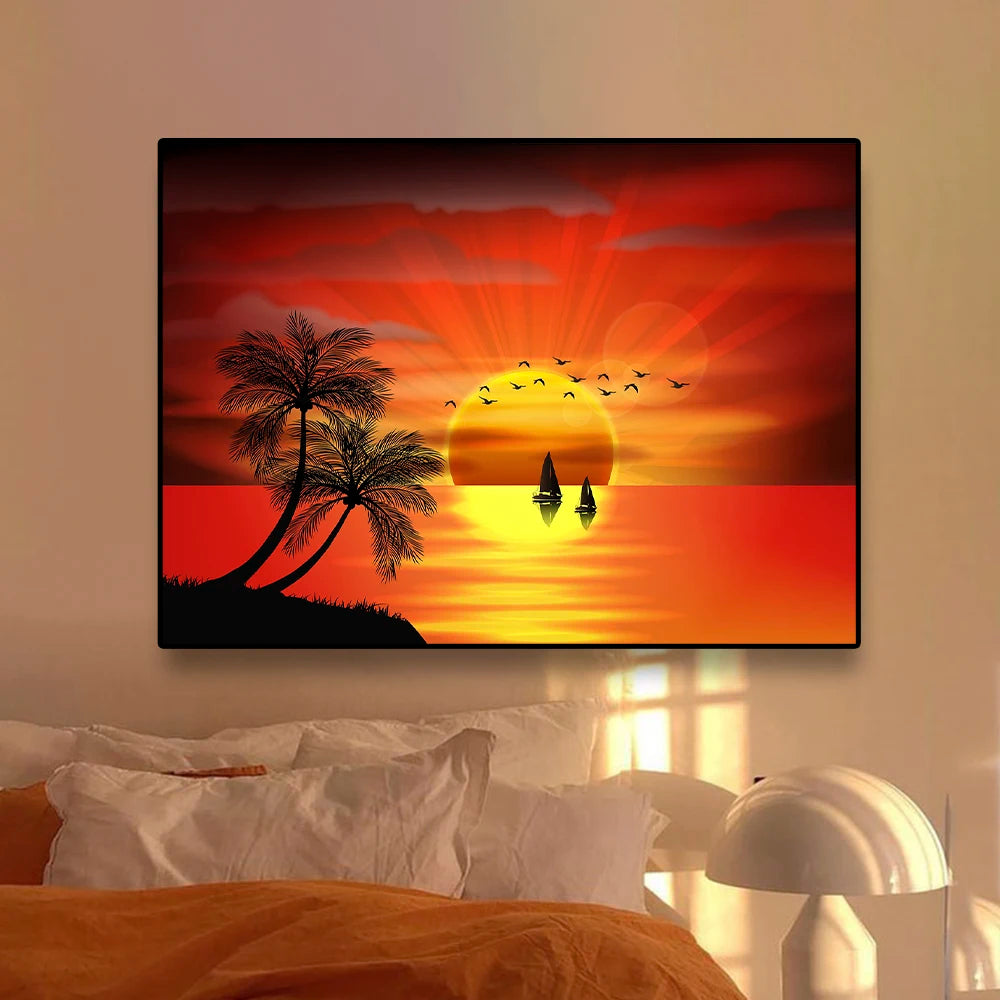 Quadro Decorativo Praia Pôr do Sol Dourado — Arte de Paisagem Tropical para Sala