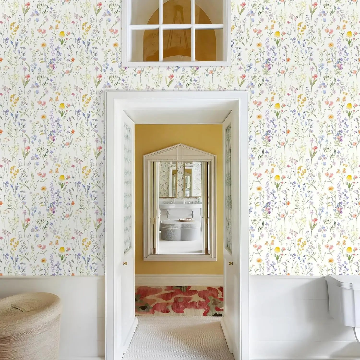 Papel de Parede Boho Floral com Folhas Removível Autocolante — Para Banheiro e Quarto