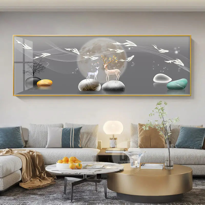 Quadro Decorativo Cervo Dourado Estilo Chinês — Arte Feng Shui para Sala sem Moldura