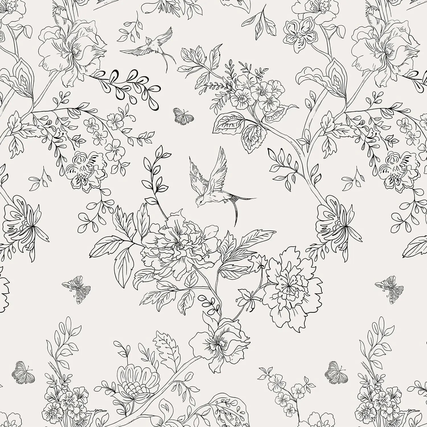 Papel de Parede Floral Preto e Branco com Pássaros — Autocolante Removível Elegante