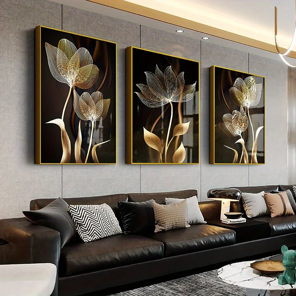 Kit 3 Quadros Flores Preto e Dourado — Arte Abstrata Moderna para Sala