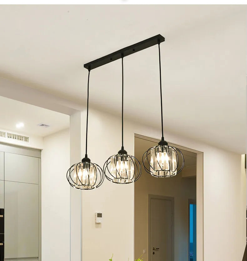 Lustre de Cristal LED Pendente — Luminária Nórdica Preta para Sala de Jantar