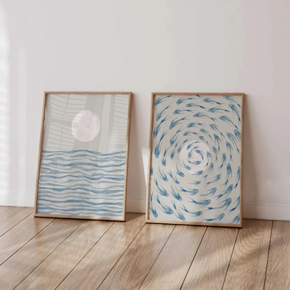 Kit 2 Quadros Oceano Azul Ondas — Arte Boho Vintage Sem Moldura para Sala e Quarto