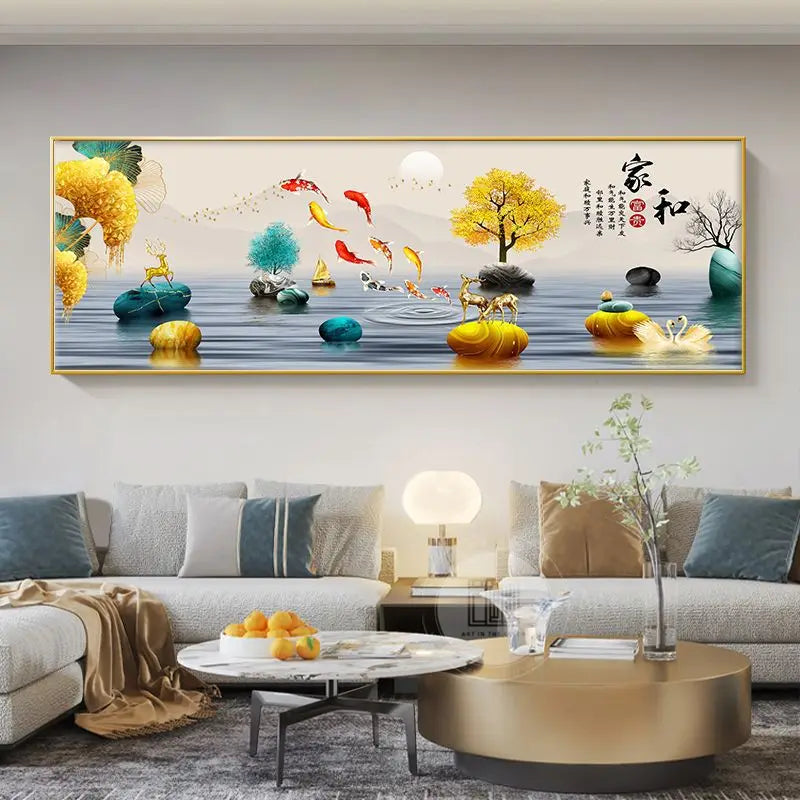 Quadro Decorativo Cervo Dourado Estilo Chinês — Arte Feng Shui para Sala sem Moldura