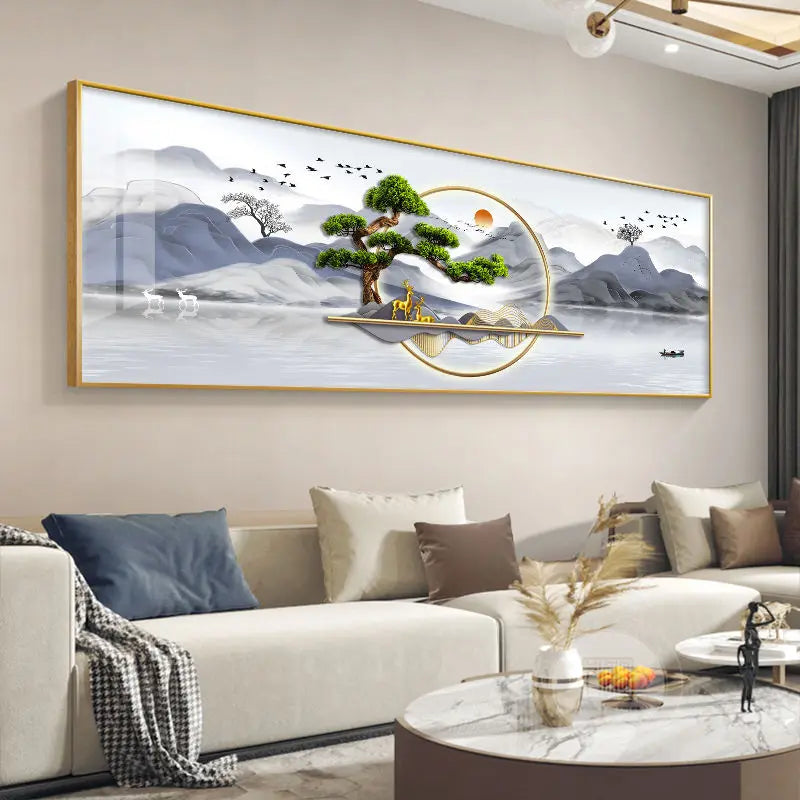 Quadro Decorativo Cervo Dourado Estilo Chinês — Arte Feng Shui para Sala sem Moldura