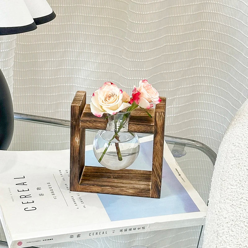 Vaso Hidropônico Formato Lampada com Base de Madeira — Decoração para Mesa e Escritório
