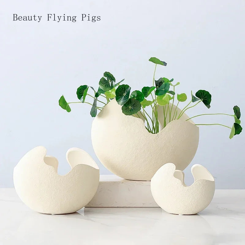 Vaso Cerâmica Estilo Casca de Ovo Nórdico — Minimalista para Mesa e Escritório