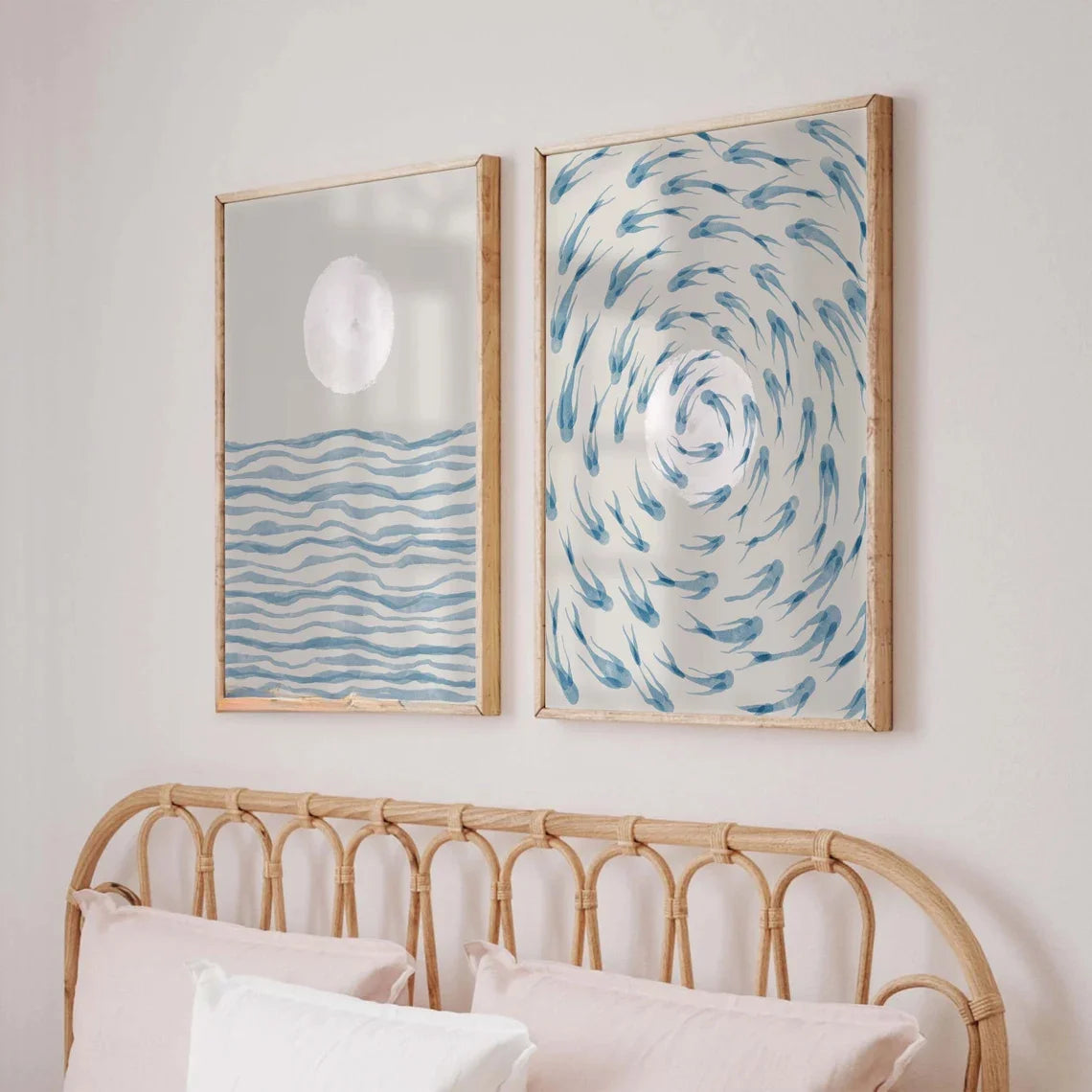 Kit 2 Quadros Oceano Azul Ondas — Arte Boho Vintage Sem Moldura para Sala e Quarto